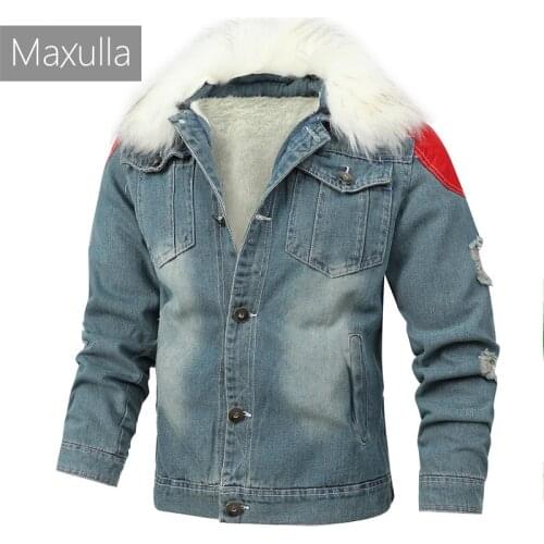 Maxulla Mens Denim Coat Fur Collar Winter Mens Cotton-padded Casual Jacket Male demin Motorcycle Clothing Mla072