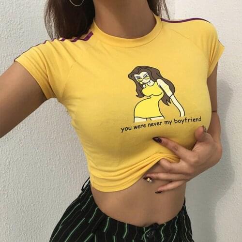 Fashion Short Cartoon Print Cotton T-shirt Women Summer O-neck Exposed Umbilical Slim Webbing Wild Tops Yellow Tshirt