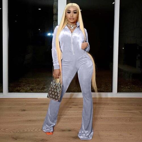 Solid Casual Velour Rompers Womens Jumpsuit Simple Sexy Long Sleeve Turtleneck Overall Zipper Front Bandage Slim Wide Leg Pant