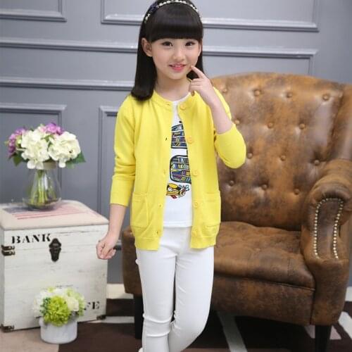 2021 Autumn Childrens Clothes Casual Solid Long Sleeve Cotton Girls Knitted Cardigan Sweaters For Girls Big Kids Sweaters Top