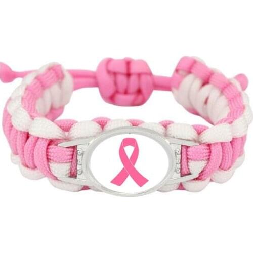 Hot Sale Pink Ribbon Breast Cancer Awareness Charm Adjustable Paracord Survival Bracelets & Bangles For Woman Girls 10pcs/lot