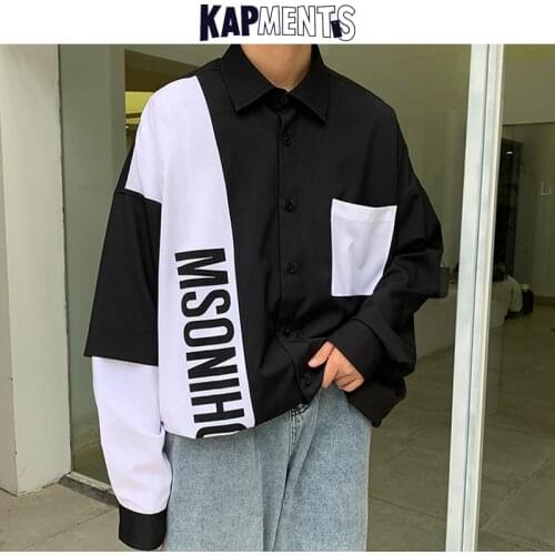 KAPMENTS Men Oversized Korean Streetwear Hip Hop Shirts 2021 Spring Mens Vintage Pockets Patchwork Shirt Male Long Sleeve Blouse