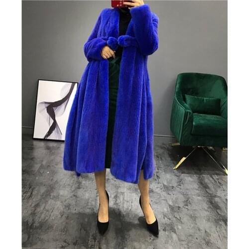 Womens Imported Mink Fur Coat Womens Fashion Long Outwear Thick Warm Fur Coat Womens Blue Plus Size Fur Jacket