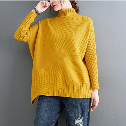 Womens Solid Color Turtleneck Knitted Top Large Size Bat Sleeve Irregular Pullover Sweater 2021 Autumn And Winter New Femme e572
