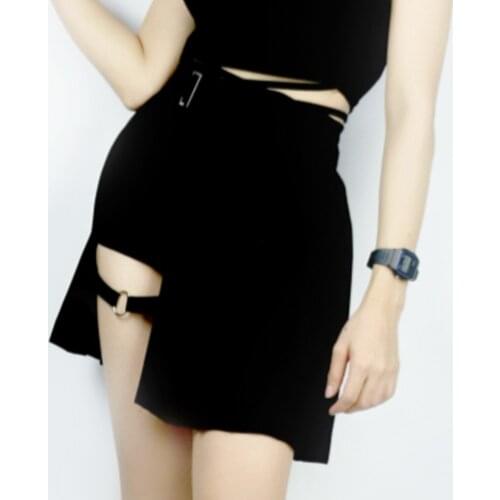 Punk Harajuku Womans Skirt Streetwear Black Short Safari Skirts A Line Pleated Pocket Skirts with Leg Belt New In