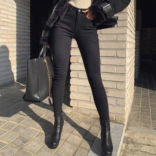 Female Long Trousers Winter All-Match High Waist Thin Women Pencil Jeans Ripped Holes Skinny Jeans Black Pants