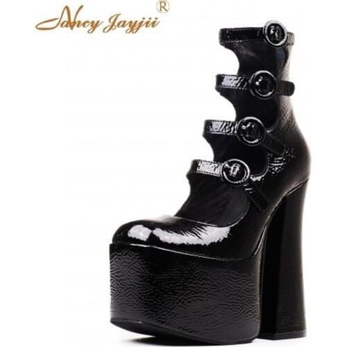 Black Platform Womens Pumps Super High Square Dancer Heels Buckle Gladiator Ladies Shoes Party Zipper Elegant Fashion Rome 2020