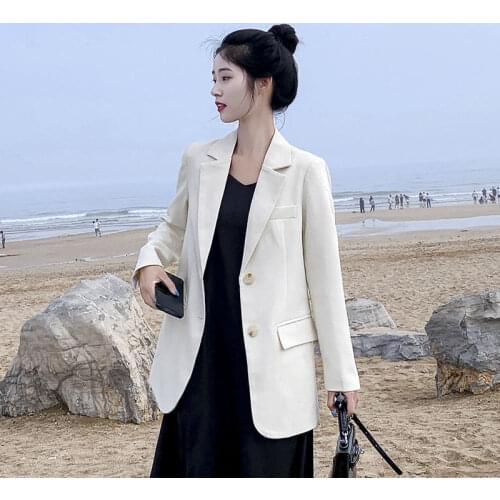 Women 2021 Spring Autumn Blazers Female Long Sleeve Coats Office Lady Single-Breasted Solid Jacket Casual Pockets Outerwear S56