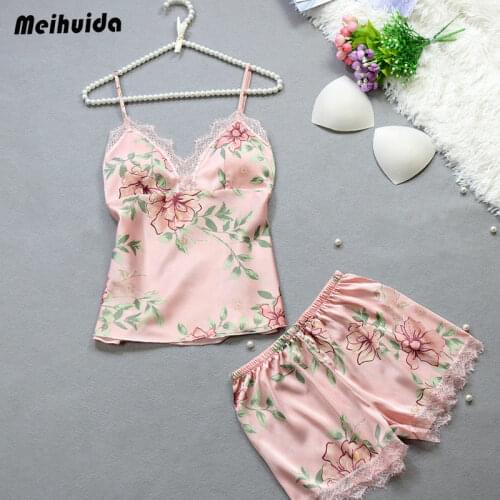 Womens lace silk satin 2018 new design floral print V-neck Sleepwear Satin Silk Babydoll Lace Nightwear Pajamas Set