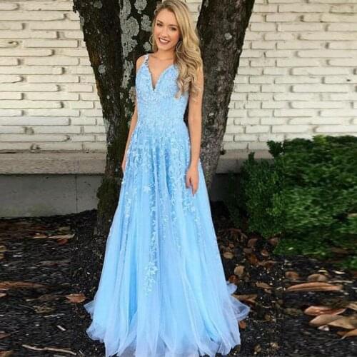 Elegant Evening Dress V Neck 2020 Womens Tulle Lace Appliques New Sexy Backless Prom Dresses Abendkleider Robe De Soiree Long