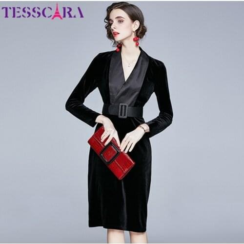 TESSCARA Women Autumn & Winter Elegant Velvet Pencil Dress Festa High Quality Vintage Office Party Robe Femme Designer Vestidos
