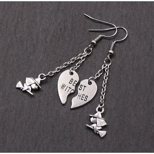 1set Best Witches earring, Witch Friends, Pagan Gift, Wicca earring, Witch On Broomstick, Cute Gift, Best Friend Heart