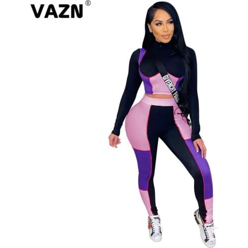 VAZN 2021 Special Design Patchwork Print High-neck Bandage Fashion Elegant Sexy High Street Set Sport Women Young Energetic Set