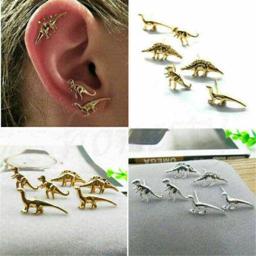 3 Pairs Fashion Gold Silver Dinosaur Earrings Cute Ear Stud Set Unisex Jewelry