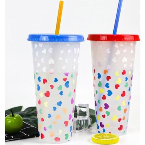 710ml Color Changing Plastic Cups Water Cup Easy Clean High Cup Love Straw Cup Lightweight Travel Water Bottle With Straw