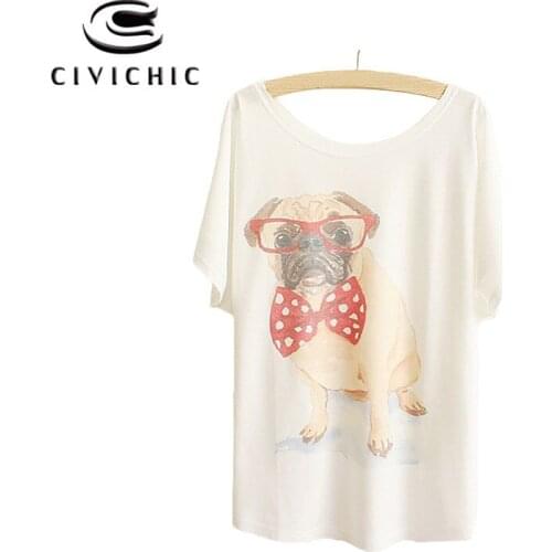 CIVI CHIC Bat Sleeves Tops Funny Pug Dog Glasses Bow Tie Printing Women T-shirts O Neck Loose Tees One Size Cotton Tshirt WST57