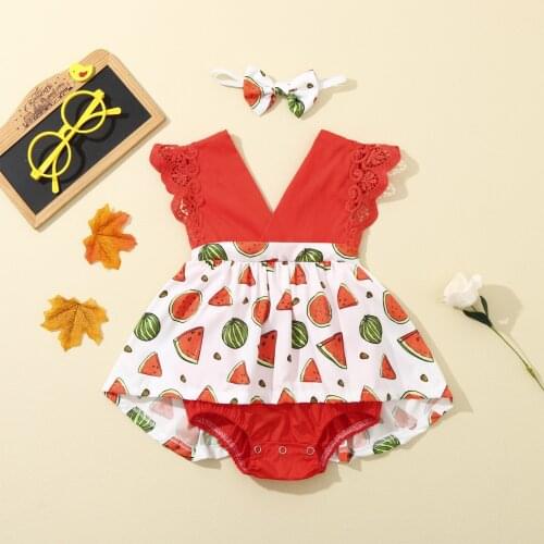Toddler Kids Baby Girls Sets Summer Sleeveless Lace Border Watermelon Print Dress Romper Headbands Princess Girl Clothes