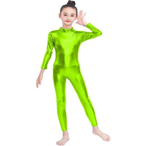 OVIGILY Girls Long Sleeve Metallic Unitard Kids High Neck Dance Unitard Spandex Stage Show Dancewear One Piece Bodysuit