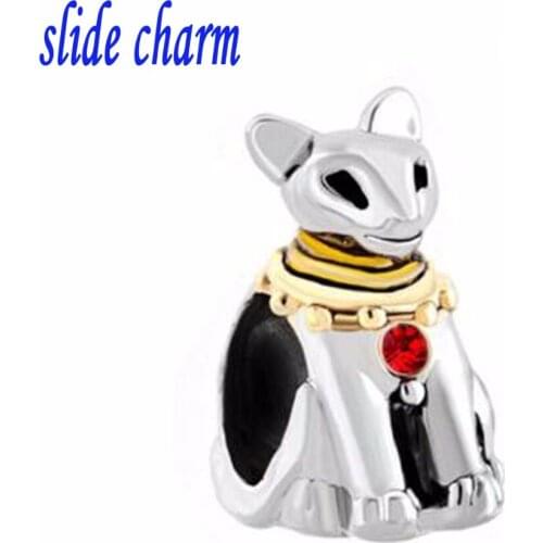 Slide charm Free shipping dog wearing golden necklace crystal beads fit Pandora charm bracelet animal lover mother a