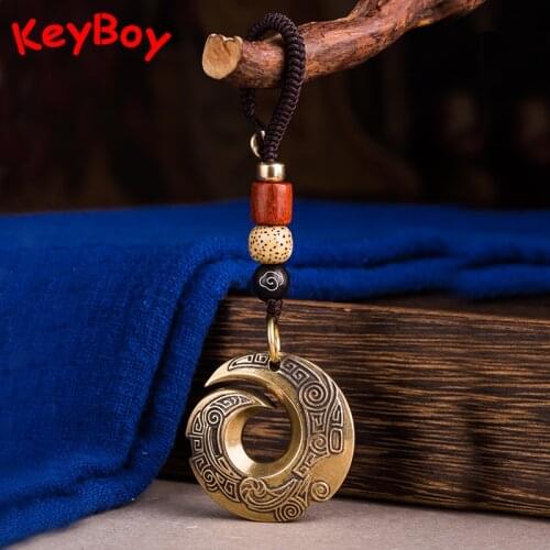 Chinese Good Luck Ring Brass Car Key Chain Pendant Jewelry Special Pattern Round Tag Mystical Eastern Power DIY Lanyard Hangings