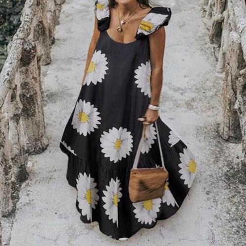 Summer Sun Print Womens Dress Casual Women Sleeveless Round Neck Polka Dot Long Skirt Beach Skirt -40