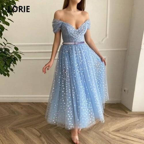 LORIE Glitter Prom Dresses Off the Shoulder Cap Sleeves Shiny Fairy Evening Gown Love Tulle A-Line Celebrity Wedding Party Dress