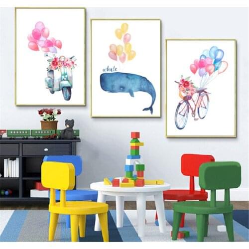 Cartoon Sweet Home Decor Nordic Canvas Painting Print Poster Colorful Balloon Whale Bike Bedroom Living Room
