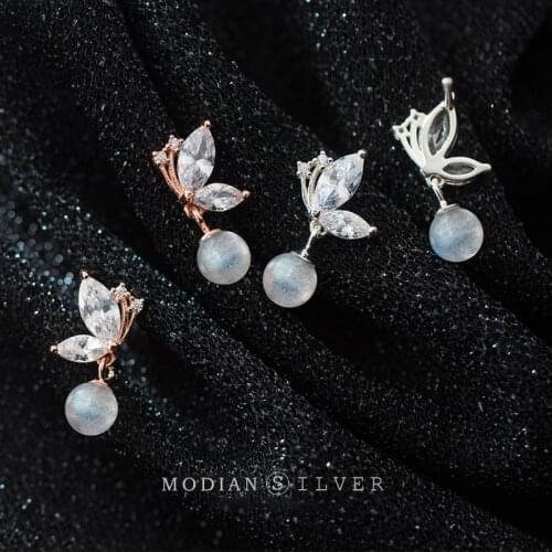 Modian Dazzling Zircon Lovely Butterfly Sterling Silver 925 Drop Earring for Women Moonstone Short Dangle Earring Fine Jewelry
