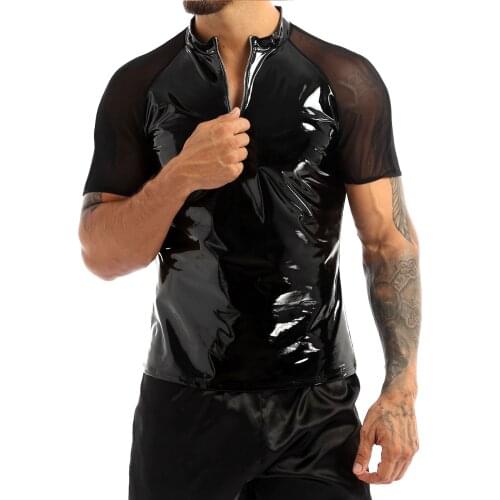 Mens Wet Look Patent Leather Round Neck Sheer Mesh Short Sleeves Half Front Zipper T-Shirts Tops Clubwear
