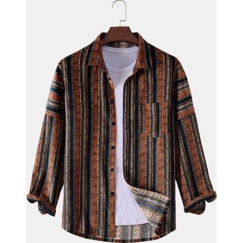 Mens Striped Ethnic Print Casual Top Button Long Sleeve Shirt Autumn Senior Street Mens Clothing Lapel Pocket Top Shirt 2021