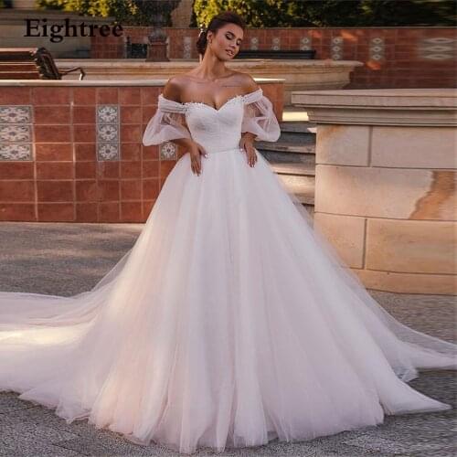 Eightree New Sequines A Line Off Shoulder Wedding Dresses Sweeheart Long Floor Length Tulle Bride Formal Party Gowns Dress