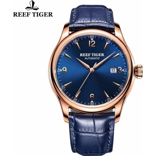 Reef Tiger/RT Classic Mens Dress Mechanical Watch Date Rose Gold Case Automatic All Blue Wrist Watch Business Waterproof Clock