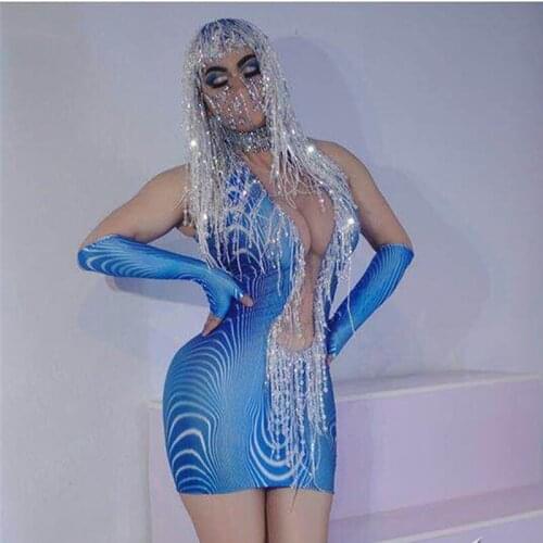 Shing Blue Rhinestone Stretch Dress Sequins Tassel Short Dress Party Club Sexy Bodycon Wig Stage Dance Wear Rave Outfit XS2378