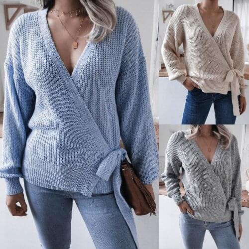 V Neck Sweater Women Bandage Pullovers Top Solid Korean Lady Jumper Oversized Winter Japanese Fashion Knit Sweaters