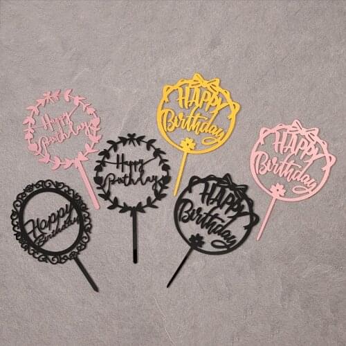 New Acrylic Happy Birthday Cake Topper Gold Black Garland Cake Toppers For Kids Baby Birthday Party Cake Decorations Baby Shower