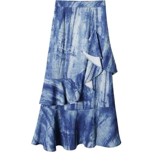2021 New Women High Waist Long Tie Dye Skirt Asymmetrical Skirts A-line Ruffle Hem Midi Faldas