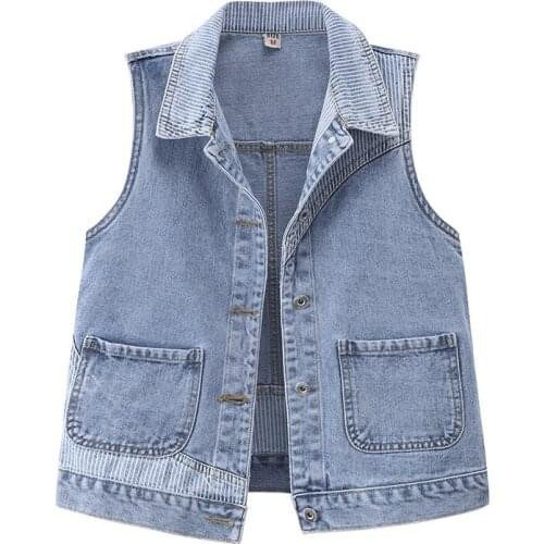 903 Spring Vintage Womens Stripe Denim Vest Jackets Pocket Patchwork Versatile High Street Thin Fashion Unique Waistcoat Female