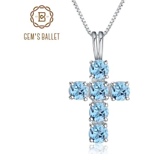 Gems Ballet Natural Swiss Blue Topaz 925 Sterling Silver Gemstone Cross Pendant Necklaces for Women Fine Jewelry Collares