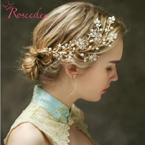 Gold Color Leaf Bridal Tiara Headband Fresh Water Pearls Women Prom Hair Jewelry Wedding Headpiece Hair Accessories RE3951