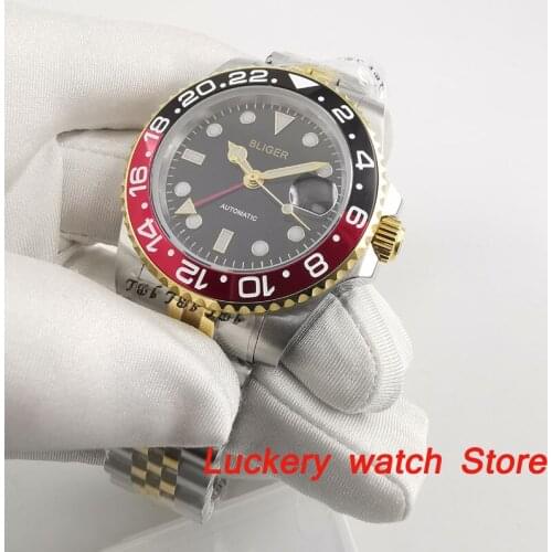 Bliger 40mm GMT mens luxury watch black dial luminous saphire glass Aluminum Bezel Automatic Mechanical watch BA217