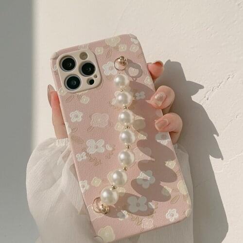 Art Pink Floral Flower Pearl Bracelet Phone Case For iPhone 12 Mini 11 Pro Max X Xs Max Xr 7 8 Puls SE Cases Soft Leather Cover