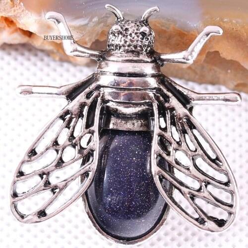 Cicada Brooch Natural Stone Blue Sandstone CAB Cabochon Bead Pendant for Men Women DIY Jewelry Making 1Pcs K626