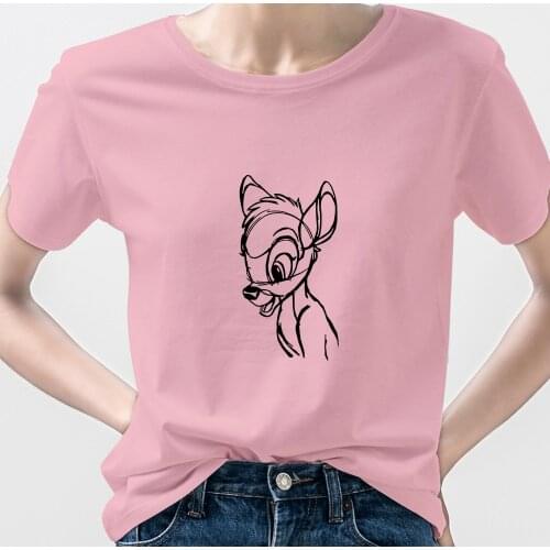 Disney Pink Tshirt Bambi Hand-Painted Graphic T Shirts Top Feminino Aesthetic 90s Fashion European Summer Streetwear Hipster