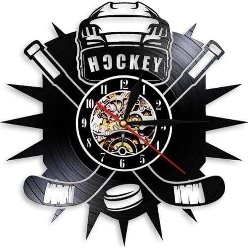 Hockey Wall Art Vinyl Record Wall Clock Sport Decor For Boys Room Hockey Decorative 3D Wall Clock Watches Hockey Coach Gifts