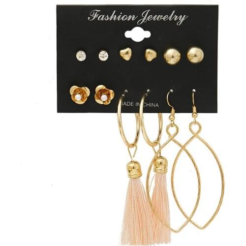 Set Earrings Sale 2021 Fashion New Korean Style Ear Studs Temperament Net Red Love Rose Tassel With Card 6 Pairs Of Ear Studs