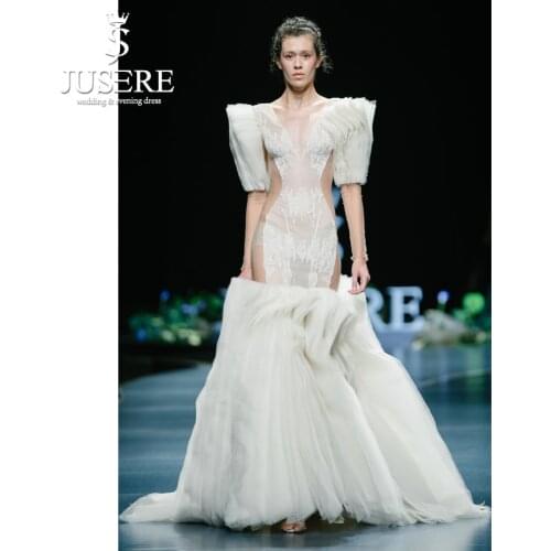 JUSERE 2019 SS FASHION SHOW Sexy Illusion Ivory Mermaid Wedding Dress V-Neck Long Sleeve Lace Appliques Pleat Bridal Gowns