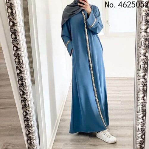 Muslim Sequins Abaya Dress for Women 2021 Moroccan Dubai Turkey Arabic Oman Islamic Clothes Pink Blue Green Nida Fabric