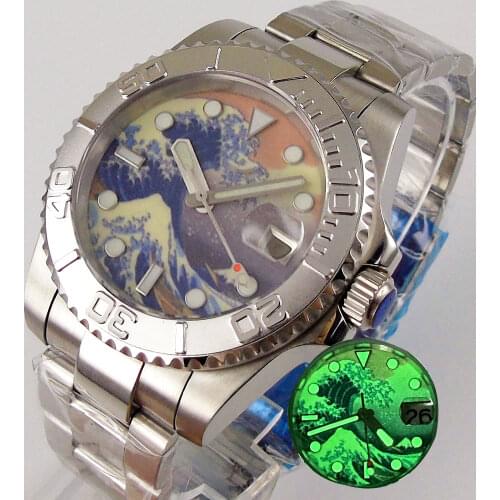 Bliger 40mm Mens Automatic Watch Japan Original NH35 Movement Kanagawa Surfing Dial Sapphire Glass Date Window Oyster Bracelet