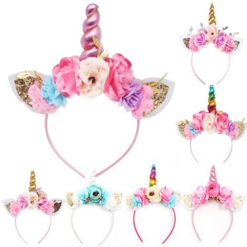 New 2020 Women Kids Party Gold/Silver Unicorn Horn Headband Flowerhorn Girls Headwear Birthday Headband Hair Accessories