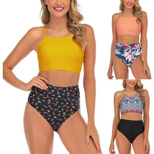 Hot kf-Female Cover Belly Fashion Solid Color Sling Split Triple-Cornered Swimsuit Female High Waist Bikini